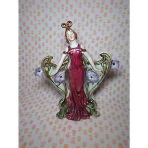 Vintage Art Deco Two Compartment Flower Vase Woman Mauve Dress W Purple Flowers